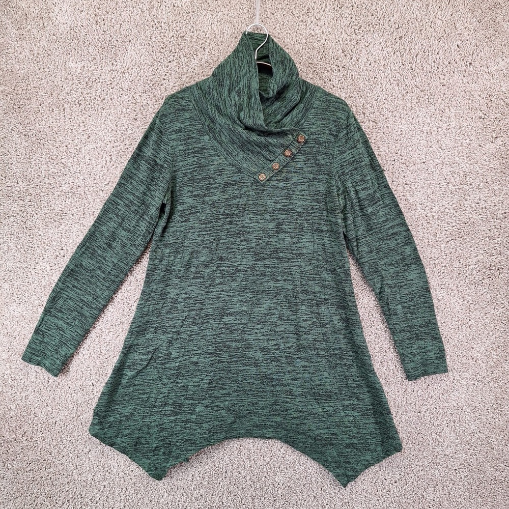 Cestyle Tunic Top Women L Green Cowl Neck Asymmetrical Hem Casual Cozy Fall
